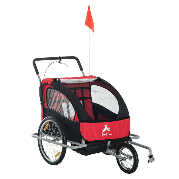 Aosom Elite 2-In-1 Double Child Two-Wheel Bicycle Cargo Trailer And Jogger With 2 Safety Harnesses - Red