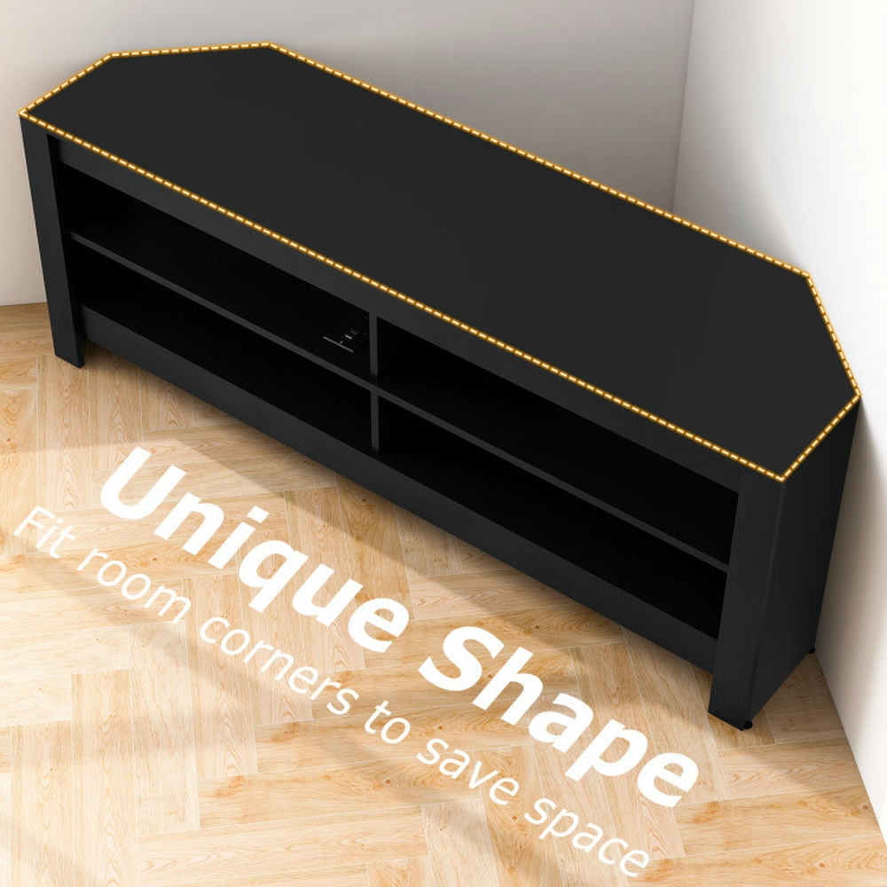 Finihen TV Stand, Entertainment Center, Corner TV Stand with Power Outlet and 4 Open Storage Shelves, for Living Room, Black