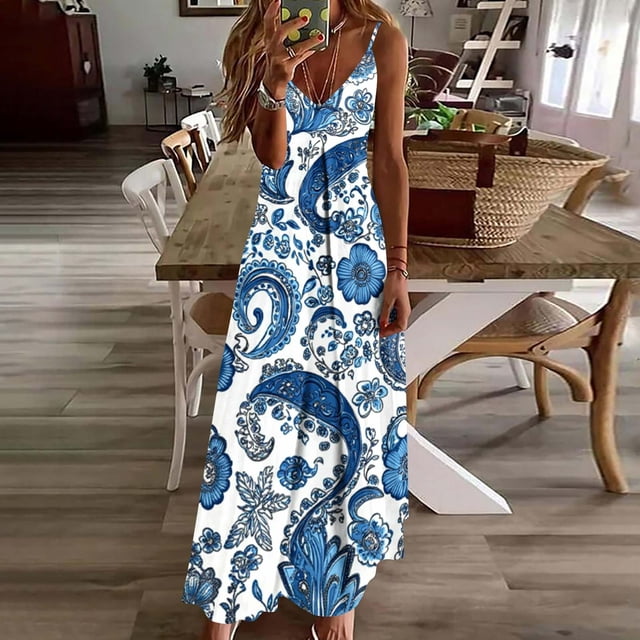 TaTaai Womens Casual Fashion Print Round Neck Sleeveless Maxi Dress Lightweight Soft Breathable All Match Daily Life Outfits Gift