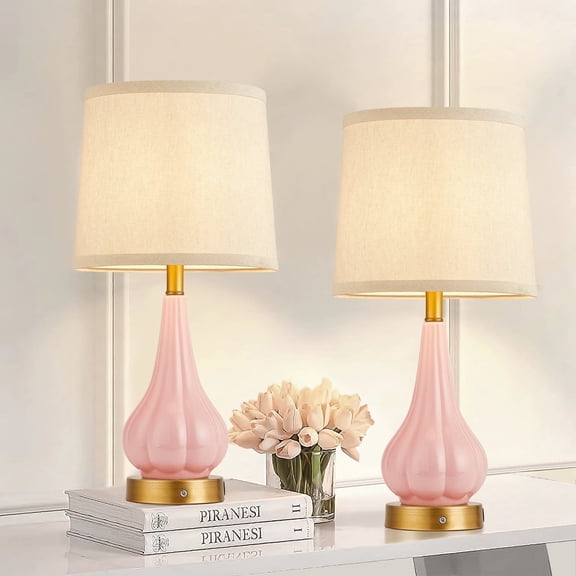 RORIA 18"Pink Ceramic Table Lamp Set of 2, powered by a 5000mAh rechargeable battery, with touch-controlled dimming, suitable for living rooms, bedrooms, and nightstands
