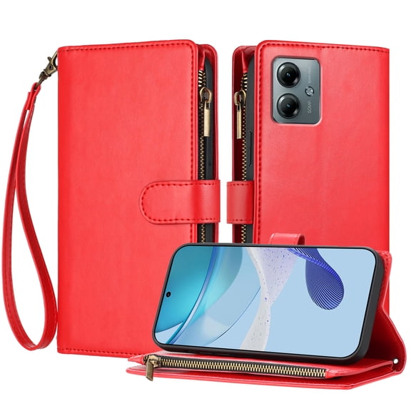 Allytechgroup Wallet Case for Moto G Power (2025) with Shoulder Strap & Wrist Strap, RFID Blocking Non-Slip Stand Rugged with Card Holder Shockproof Cover for Moto G Power (2025), Red