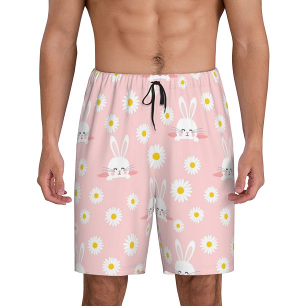 Balery Rabbit Sunflower Pantalones cortos de pijama de punto de algodón para hombre con cinturilla y bolsillos-3X-Large