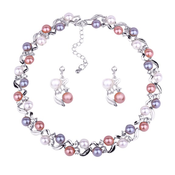 Ayyufe Elegant Women Pearl Rhinestone Necklace Ear Stud Earrings Party Set