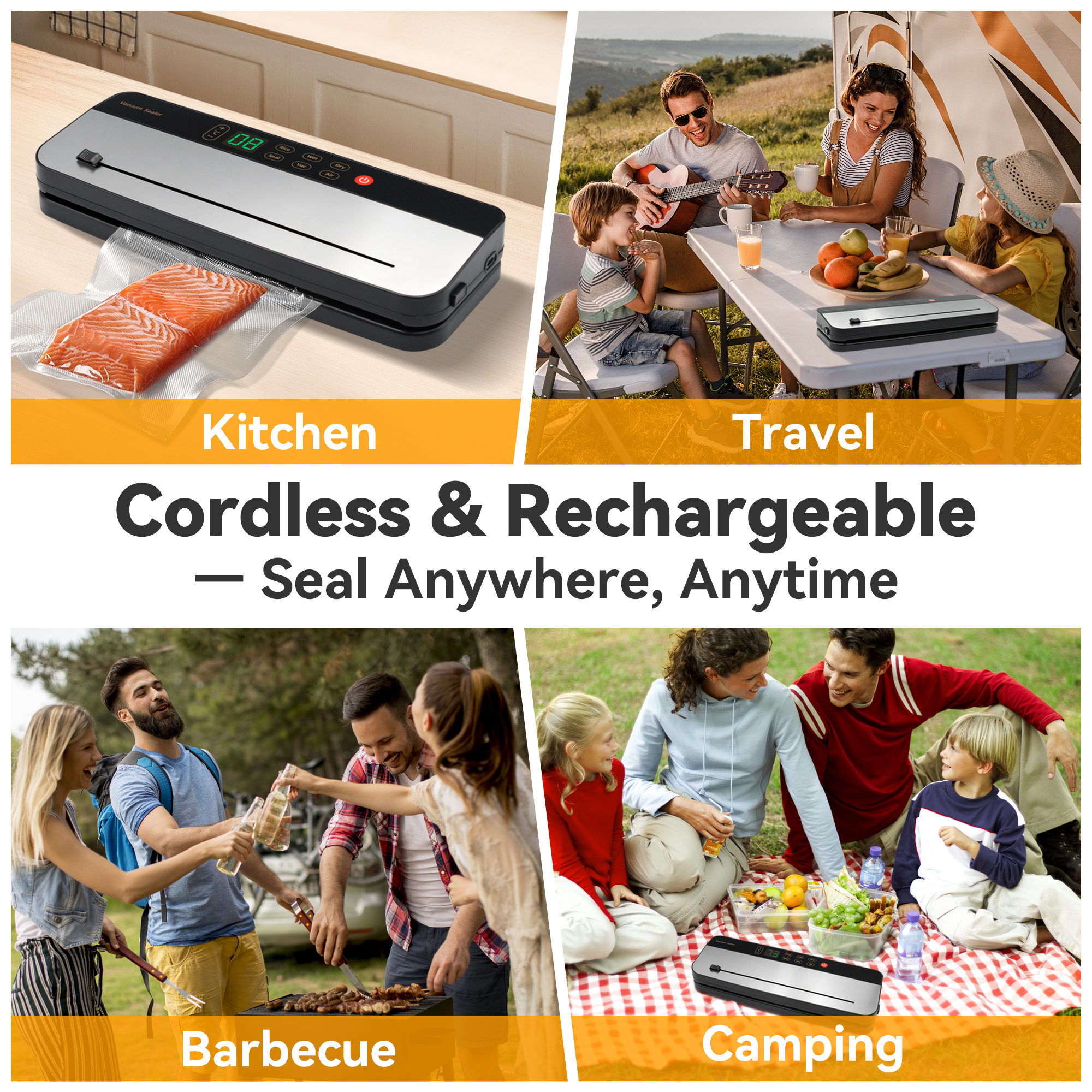 Food Vacuum Sealer Machine with 30 Vacuum Bags, 6 in 1 Rechargeable Vacuum Sealer with Dry & Moist Food Modes, Built-in Cutter, Detachable, Compact Food Sealer for Kitchen Travel Fridge Meal Prep