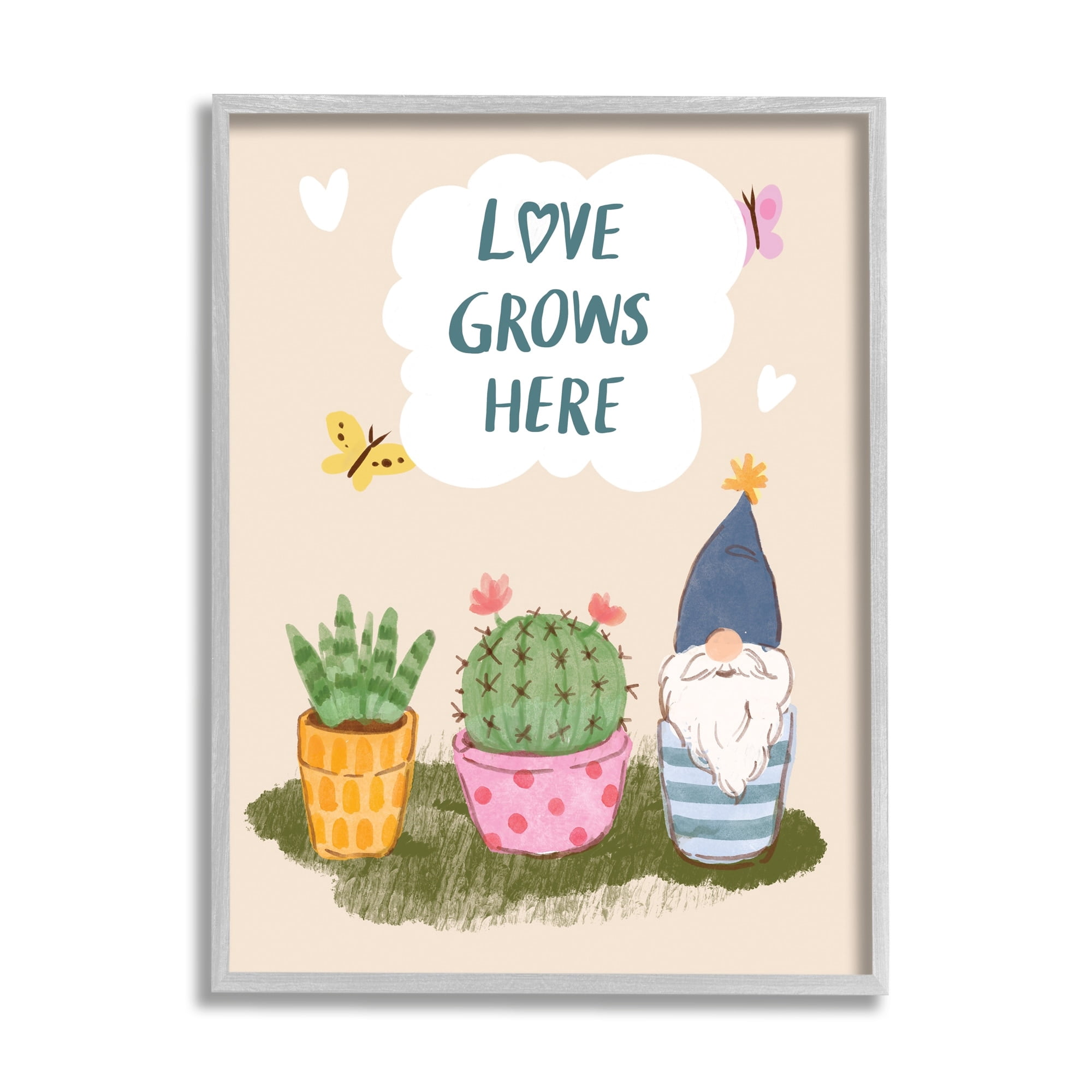 Stupell Industries Love Grows Here Phrase Succulents Butterflies Garden Gnome Framed Wall Art, 11 x 14, Design by Be Ni La
