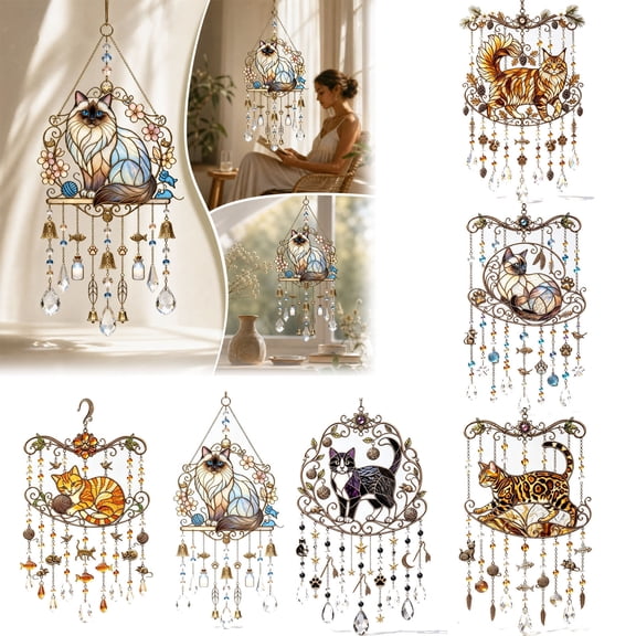 Cat Stained Glass Suncatcher Wind Chime Hanging Ornaments, Crystal Bead Metal Frame Cat Themed Window Wall Art for Home Porch Garden Indoor Outdoor Decor, Ideal Gifts for Cat Lovers & Pet Owners