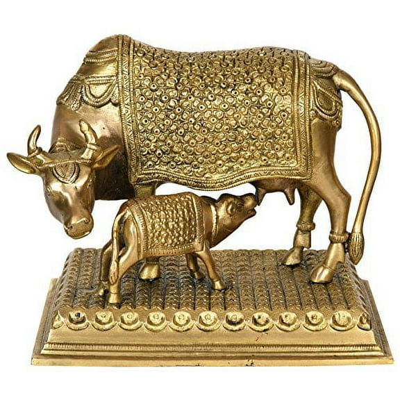 Exotic India Mother Cow and Calf - Brass Statue