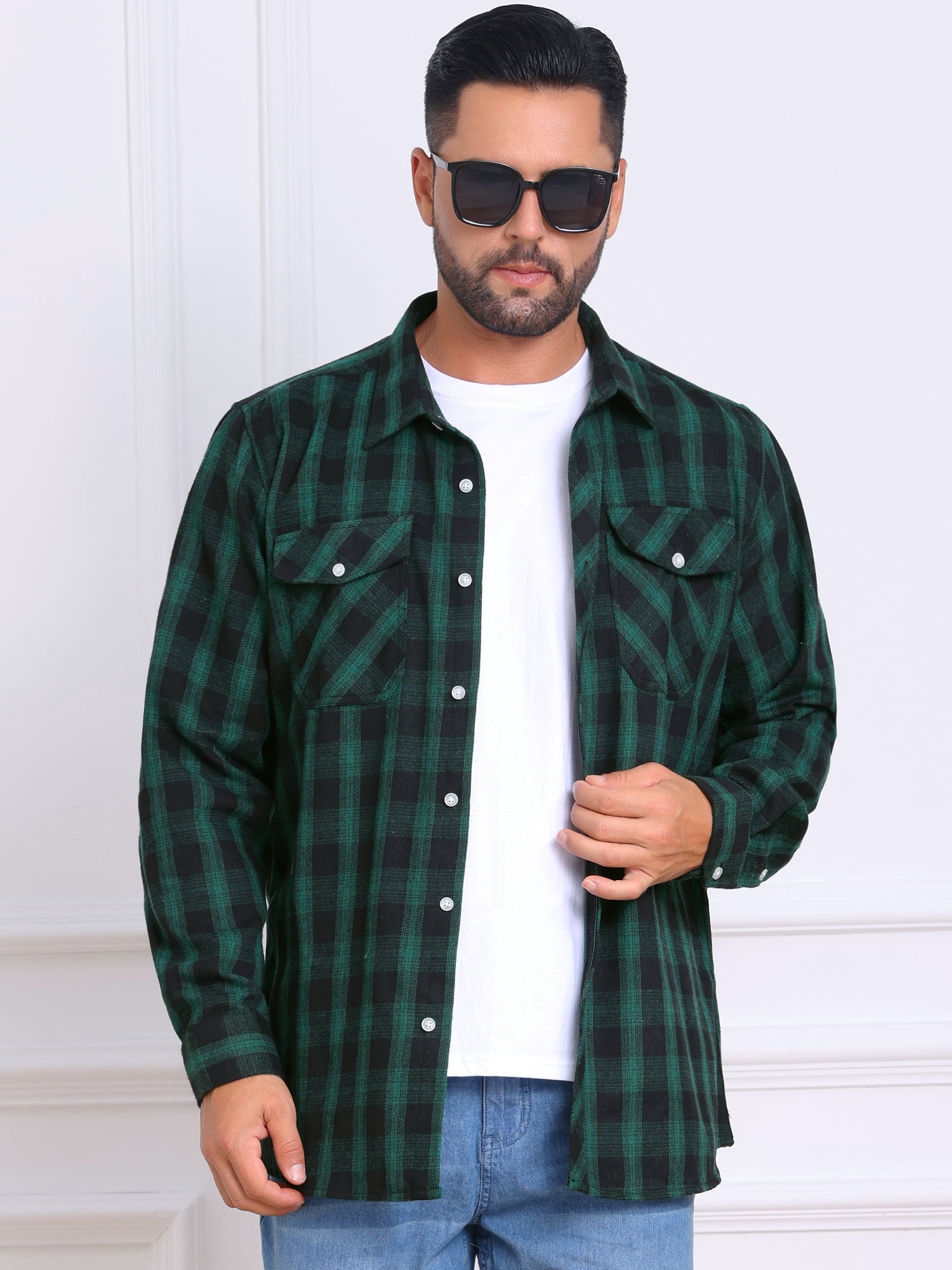 DARING DIVA Men's Contrast Color Slim Fit Long Sleeved Button Down Shirts L Black Green
