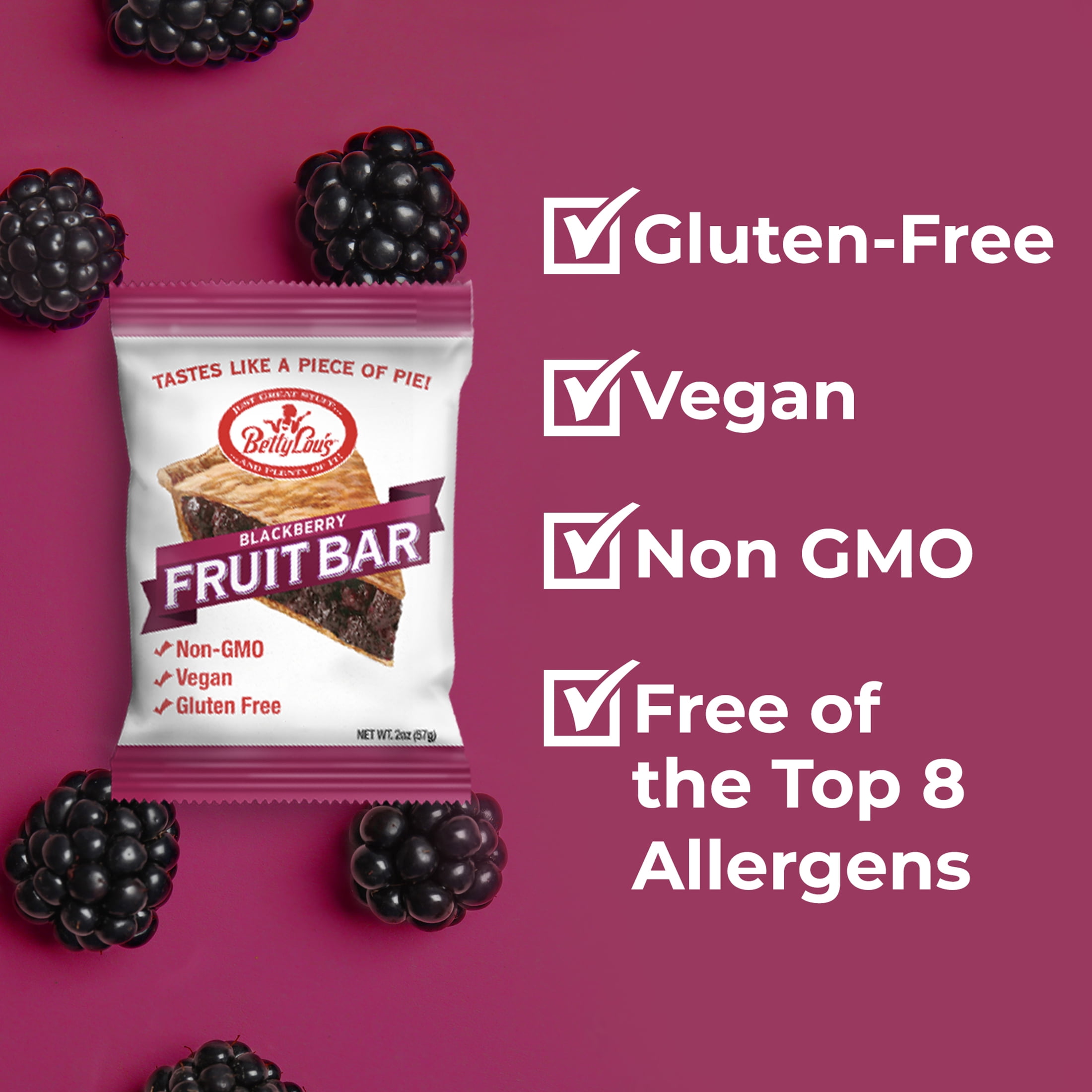 Betty Lou's Blackberry Fruit Bars, Gluten Free, Vegan 12 Ct.