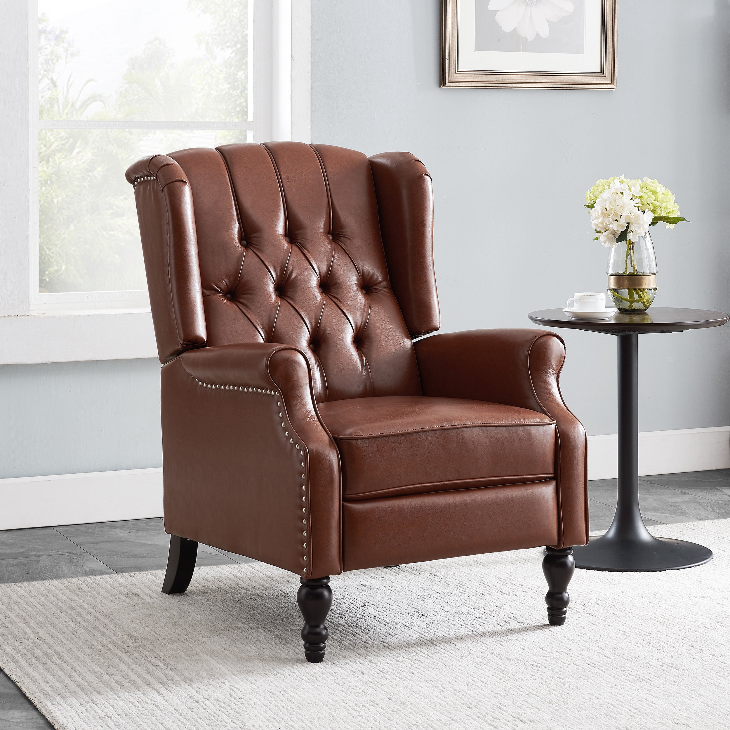 Noble House Bryce Standard Faux Leather Wing Back Recliner, Brown
