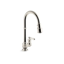 Open Box KOHLER K-99260-SN, Vibrant Polished Nickel Artifacts Single-Hole Kitchen Sink Faucet with 17-5/8 In. Pull-Down Spout and 3-Function Sprayhead, L 30.5" X 13.75" W X 3.5" H