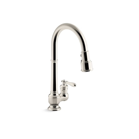 Open Box KOHLER K-99260-SN, Vibrant Polished Nickel Artifacts Single-Hole Kitchen Sink Faucet with 17-5/8 In. Pull-Down Spout and 3-Function Sprayhead, L 30.5" X 13.75" W X 3.5" H