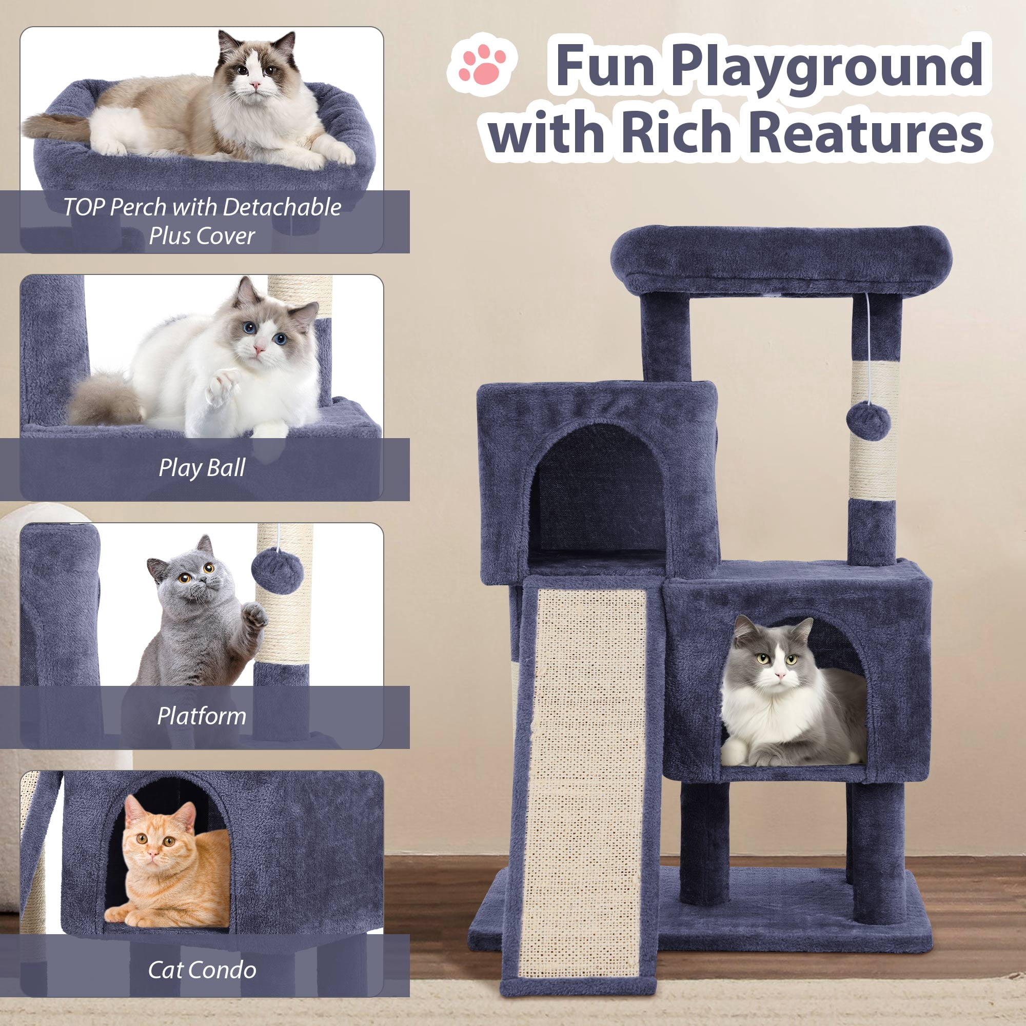 CL.HPAHKL 36 In Short Sturdy Cat Tree House, Modern Cat Tower Scratching Post with Soft Plush Perch Kittens Condo with Board and Hanging Ball Cat Cave Beds for Indoor Cats, Dark Grey
