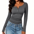 thumbnail image 2 of Karymi Womens Tops Dressy Casual Solid Henley Partial Button Notch Neck Long Sleeve T-Shirt, Ribbed Knit Slim Fit Stretchy Casual Basic Tee Tops, Pullover Blouse Womens Summer Tops, 2 of 5