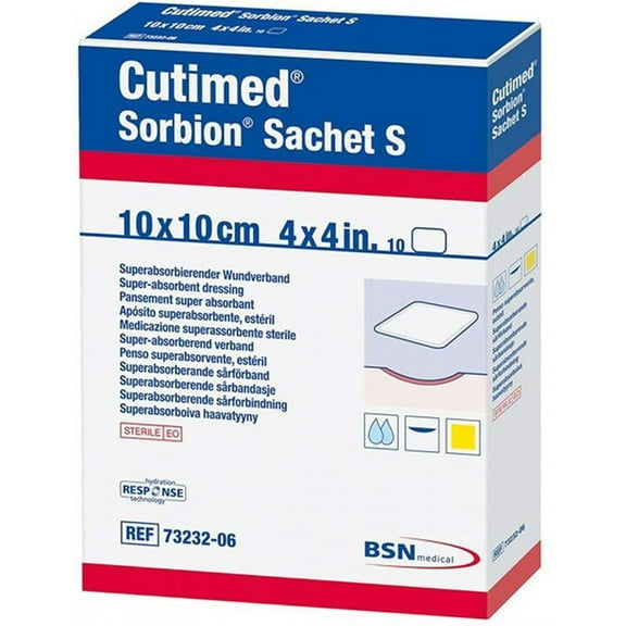 Cutimed Sorbion Sachet S Dressing - Cellulose/Gel Forming Polymer, 4 Inches x 4 Inches, White, Sterile, 10 Count