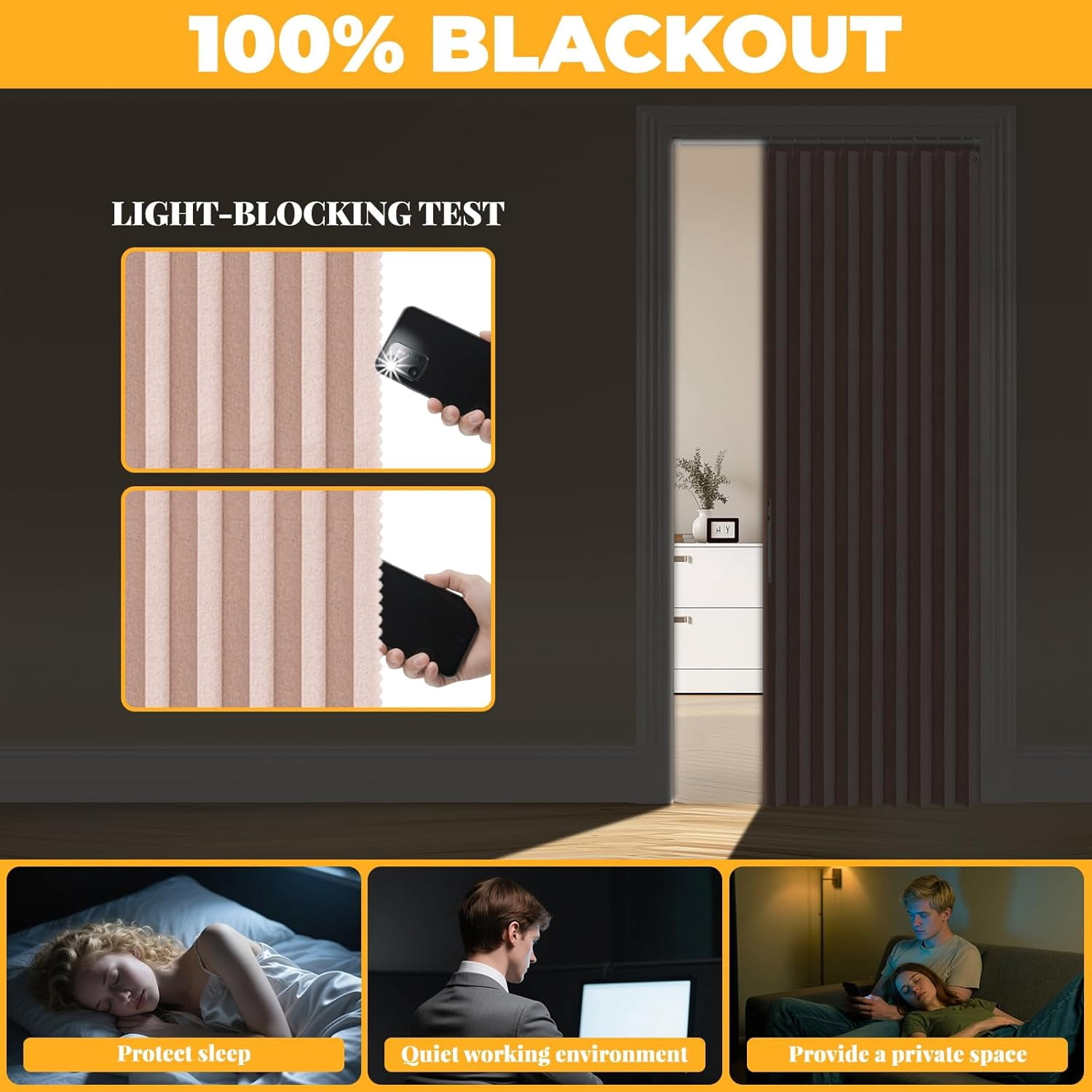 100% Blackout Magnetic Door Curtain Accordion Doors Interior Closet Door Curtain Invisible Applicable Bedroom Room Living Room Doorway (Black 42" W x 78" L) 1 Panel