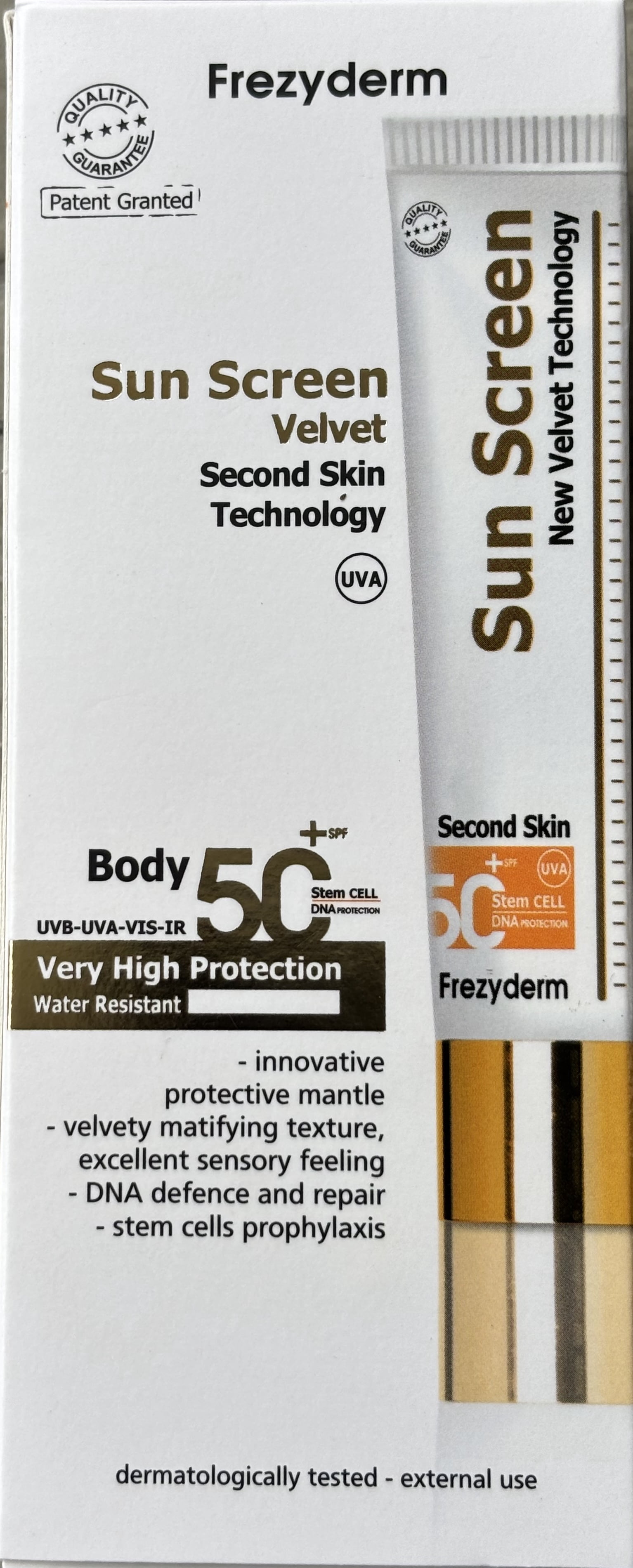 Frezyderm Sunscreen Velvet Body Second Skin Technology Very High Protection Water Resistant Sunscreen Lotion, SPF 50+, 1 Count