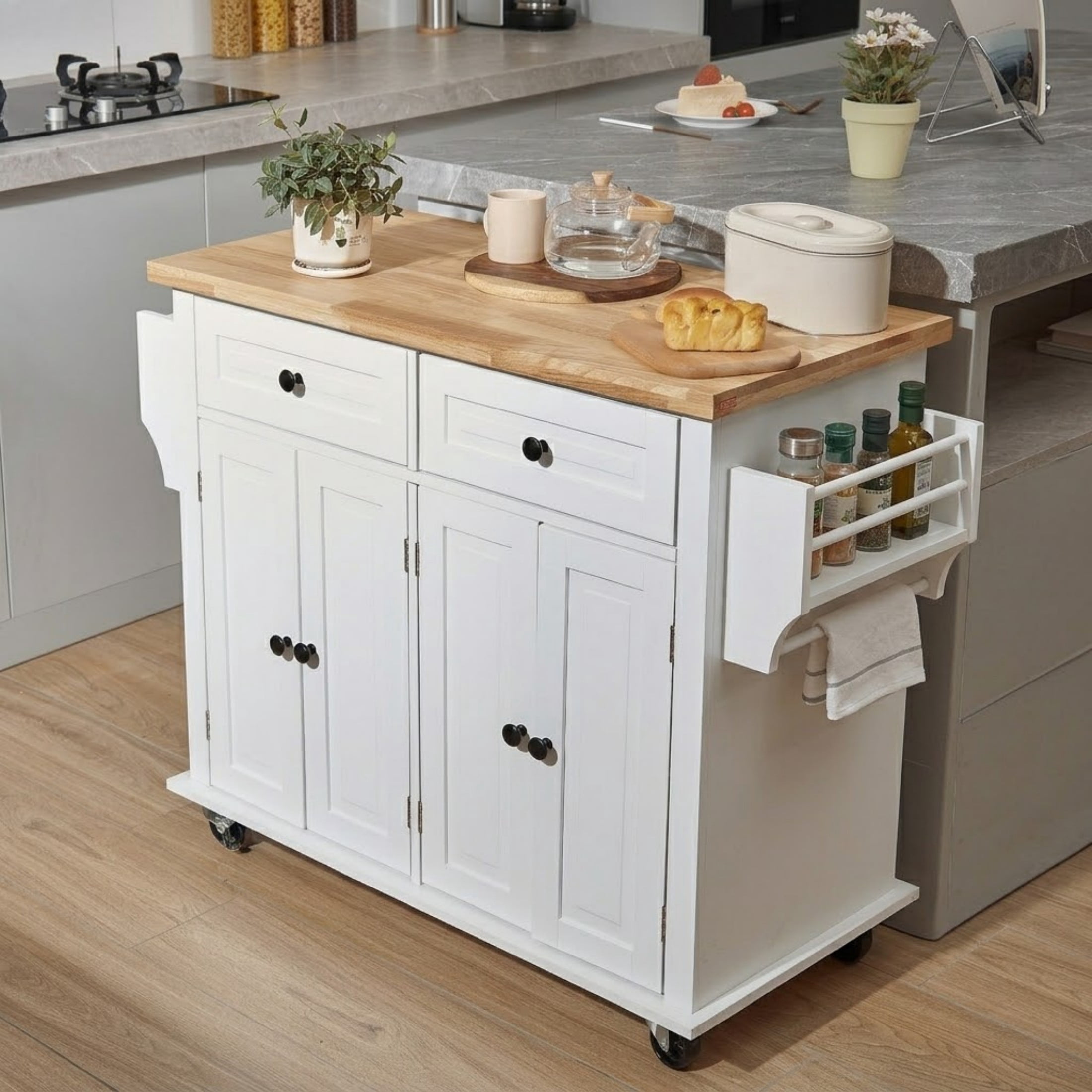 Kitchen Island Cart with Solid Wood Top, 35.4" Wide Mobile Cart with Storage Cabinet, Spice Rack, Towel Rack & Drawer, White