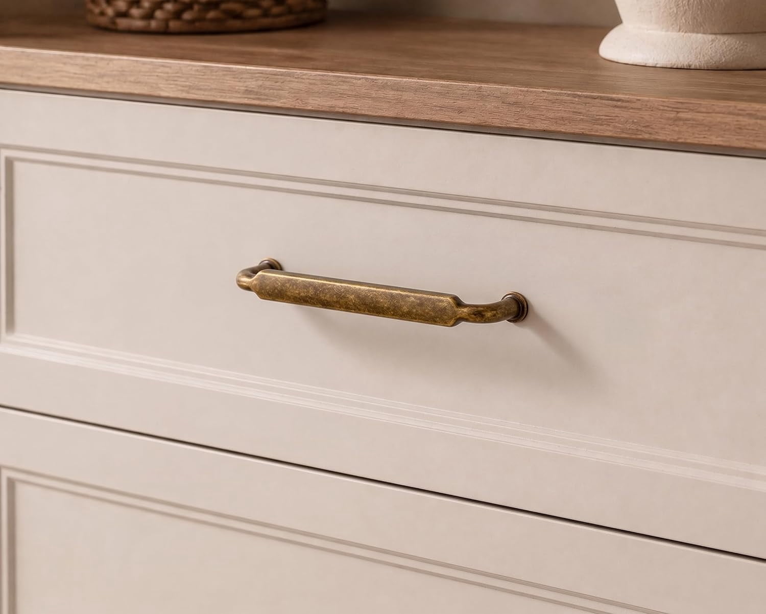 5 Inch Hole Center Antique Brass Zinc Alloy Cabinet Pulls Kitchen Cabinets Hardware, 6 Pack Vintage Brass Solid Cabinet Handles Drawer Pulls