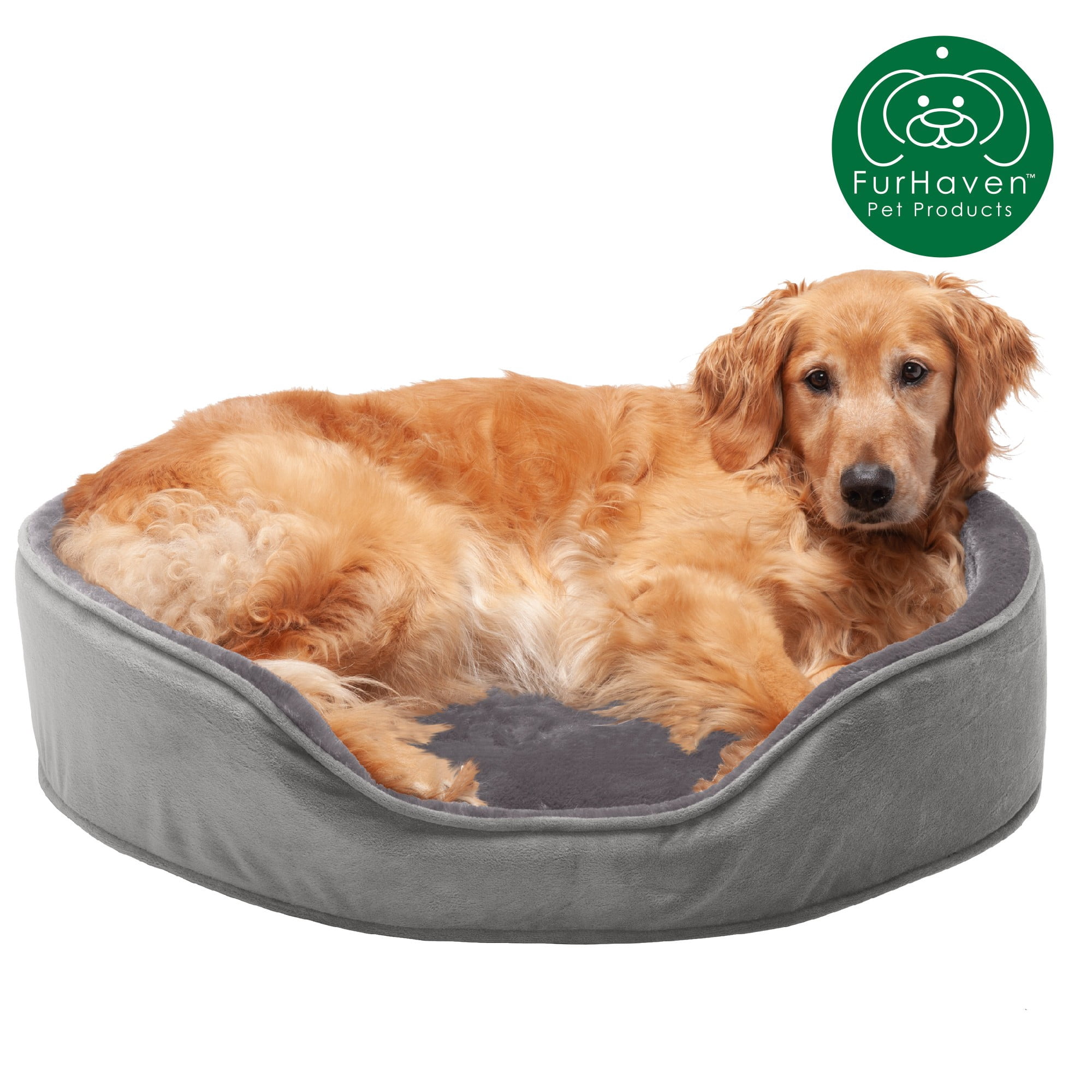 FurHaven Pet Products Plush & Velvet Oval Pet Bed for Dogs & Cats - Smoke Gray, Extra Large