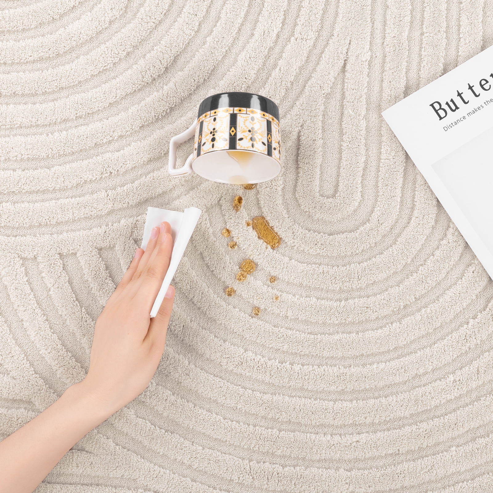 8' x 10' Geometric Beige Area Rug Washable, Durable Non-Slip Indoor Carpet with Soft High-Low Pile, Fluffy Floor Rugs for Living Room, Bedroom, Home Office Décor