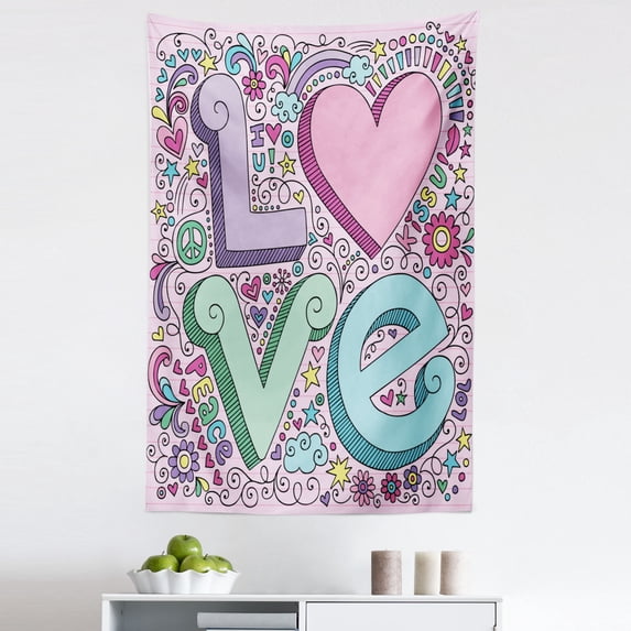Love Tapestry, Hand Drawn 3D Love Lettering Psychedelic Goorvy Sixties Inspired Design Peace Kiss U, Fabric Wall Hanging Decor for Bedroom Living Room Dorm, 5 Sizes, Multicolor, by Ambesonne