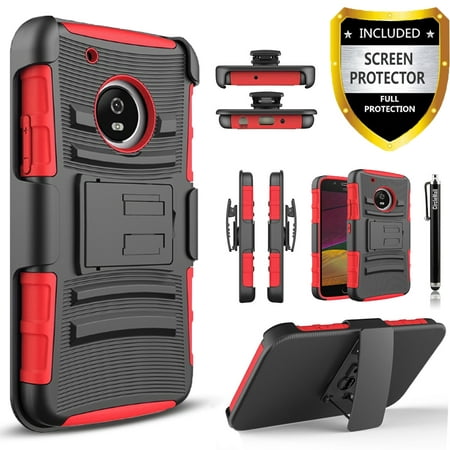 Moto E4 Plus Case, Dual Layers [Combo Holster] Phone Cover And Built-In Kickstand Bundled with [Premium Screen Protector] Hybird Shockproof And Circlemalls Stylus Pen For Motorola Moto E4 Plus(Red)