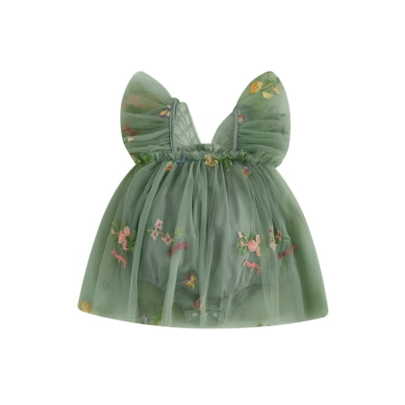 Miaouyo Infant Baby Girls Summer Romper Dress 1 3 6 9 12 18 Months Mesh Flower Butterfly Embroidery Sleeveless Square Neck Adorable Jumpsuit