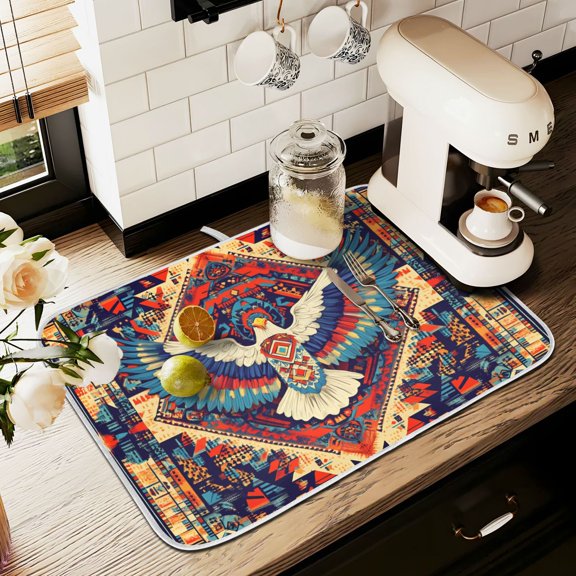 Yayeee Dish Drying Mat for Kitchen Counter 16" x 18" Microfiber Super Absorbent Coffee Decorative Pad, Beige Geometric Eagle