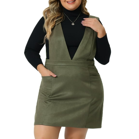 Agnes Orinda Women's Plus Size St. Patrick's Day Overall Dress V Neck Pocket Velvet Strap Suspender Pinafore Mini Skirt 1X Army Green