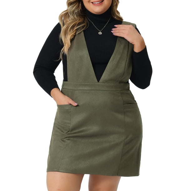 Vestido de tirantes de tamaño grande Agnes Orinda para mujeres del Día de San Patricio con escote en V, bolsillos, terciopelo, tirantes, mini falda 1X verde militar