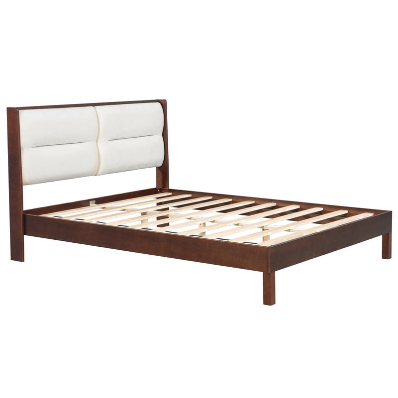 Wooden Queen Size Platform Bed with Velvet Upholstered Headboard, Low-Profile Bed Frame with Slat Support No Box Spring Needed