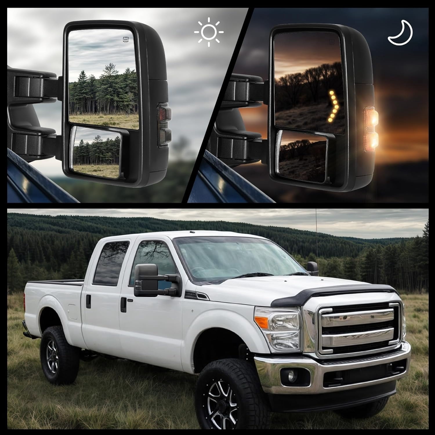 LEDKINGDOMUS Power Heated Telescoping Tow Mirrors for 1999-2016 Ford F250 F350 F450 F550 Super Duty with Foldable Arrow LED Turn Signal & Smoke Lens, Manual Folding