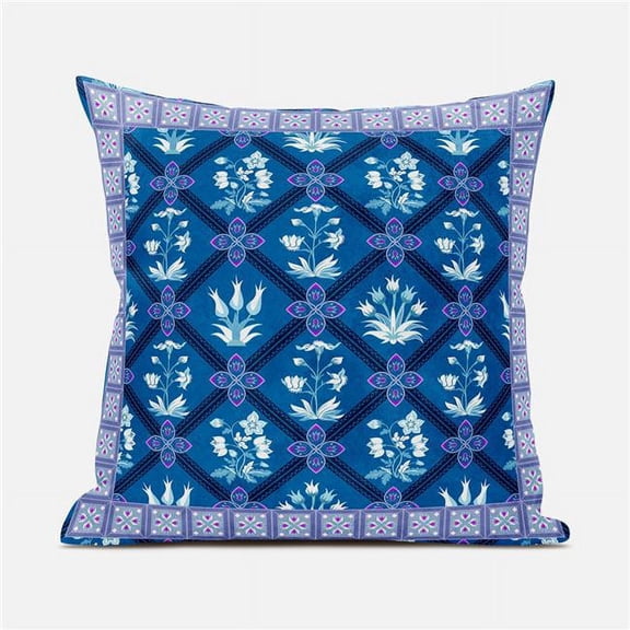 Mughal Art Throw Pillow with Removable Cover in Blue Purple White 16x16