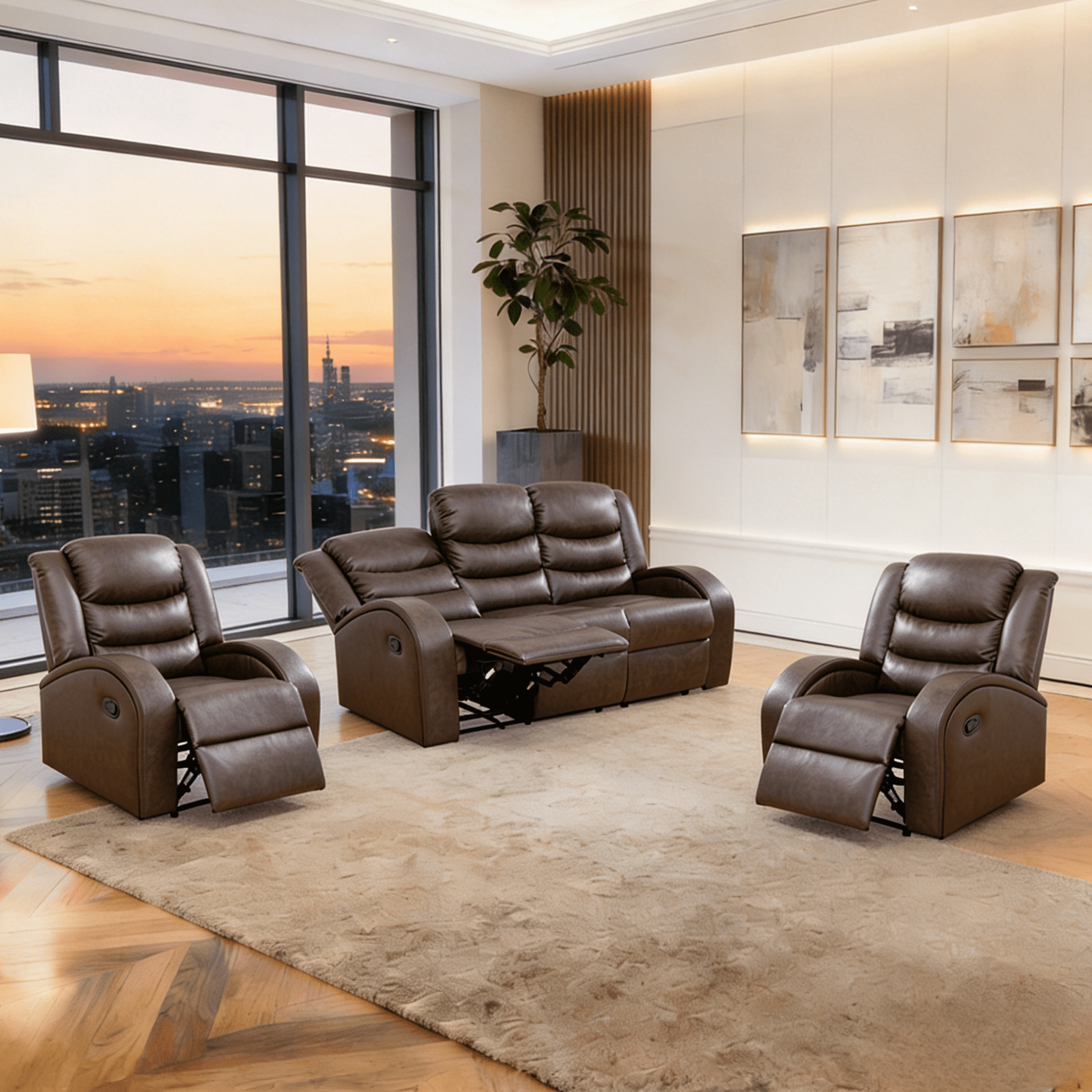 Gewnee 3-Seater Sofa with Two Recliners, Air Leather & High-Elastic Sponge, Adjustable Backrest, Modern Couch for Living Room, Brown