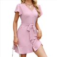thumbnail image 1 of Vestido Camisero Informal de Verano para Mujer, con Botones y Cuello en V, Mangas Abullonadas Rosa L, 1 of 10
