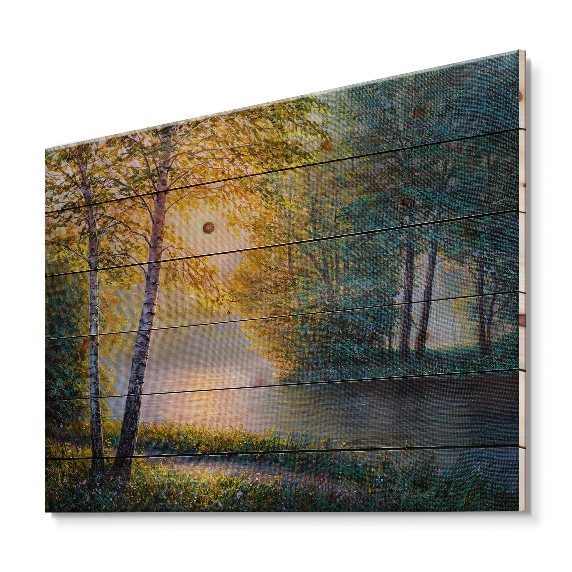 Designart 'Sunrise Summer With Beautiful River Spring Forest' Lake House Print on Natural Pine Wood