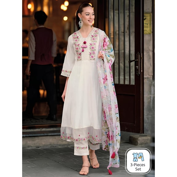 Indo Era Floral Embroidered Thread Work A-Line Kurta With Trousers & Dupatta - Indian Ethnic Traditional Wear Kurta Set