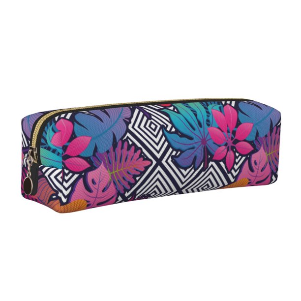 Easygdp Tropical Leaves para Estuche de Lápices de Cuero, Estuche de Papelería de Cuero, Estuche de Gran Capacidad con Cremallera