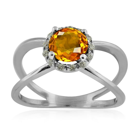 0.85 Carat 6MM Round Citrine And Diamond Ring In 10K Solid Rose, White & Yellow Gold