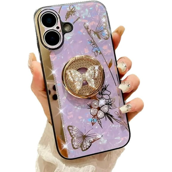 for iPhone 16 6.1" Kickstand Case, Cute Marble Glitter Bling Rhinestone Shiny Diamond 3D Butterfly Ring Shockproof TPU Bumper Elegant Girly Women Phone Case Hard Cover for iPhone 16 (Purple)