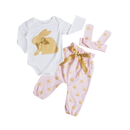 

Gwiyeopda Newborn Baby Girls Clothes Set Bunny Print Romper Polka Dot Leggings Bowknot Headband