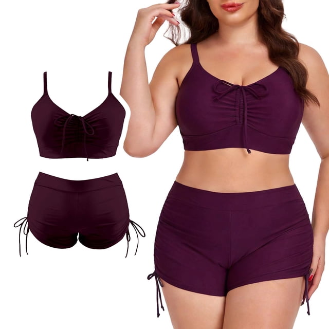 Women Plus Size Two Piece Swimsuit - Solid Color High Waisted Bikini Tummy Control Bathing Suit for Summer Women Swimwear