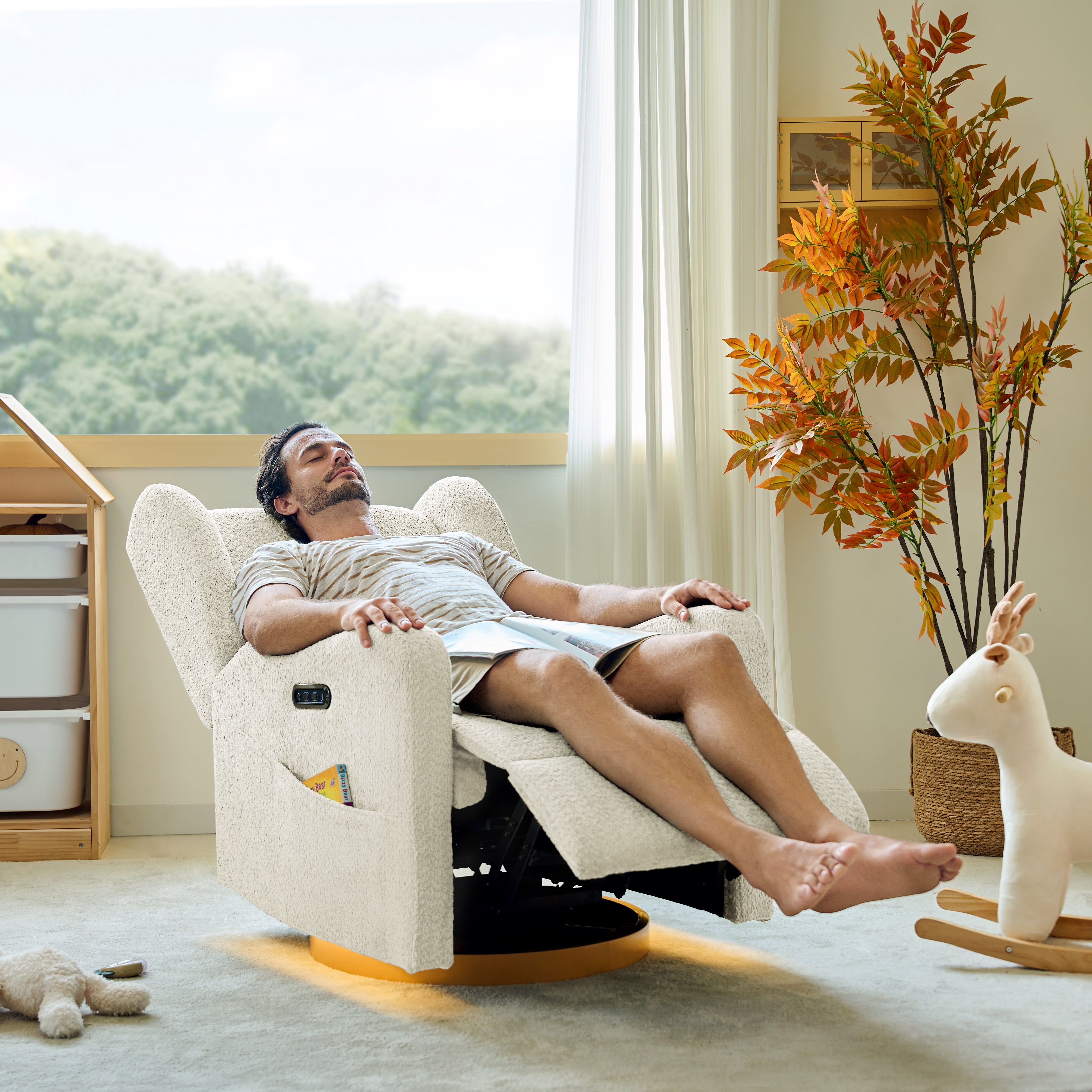 Tina's Home Electric Power Glider Swivel Nursery Recliner Chair Wingback with USB, Waterproof Stain-resistant for Baby Feeding & Living Room Ivory
