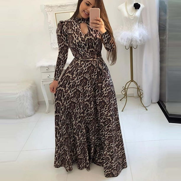 Venta de manga larga para mujeres estampado de cuello de ojo de cuello o abajo de vestido largo casual bown odeerbi odb113521