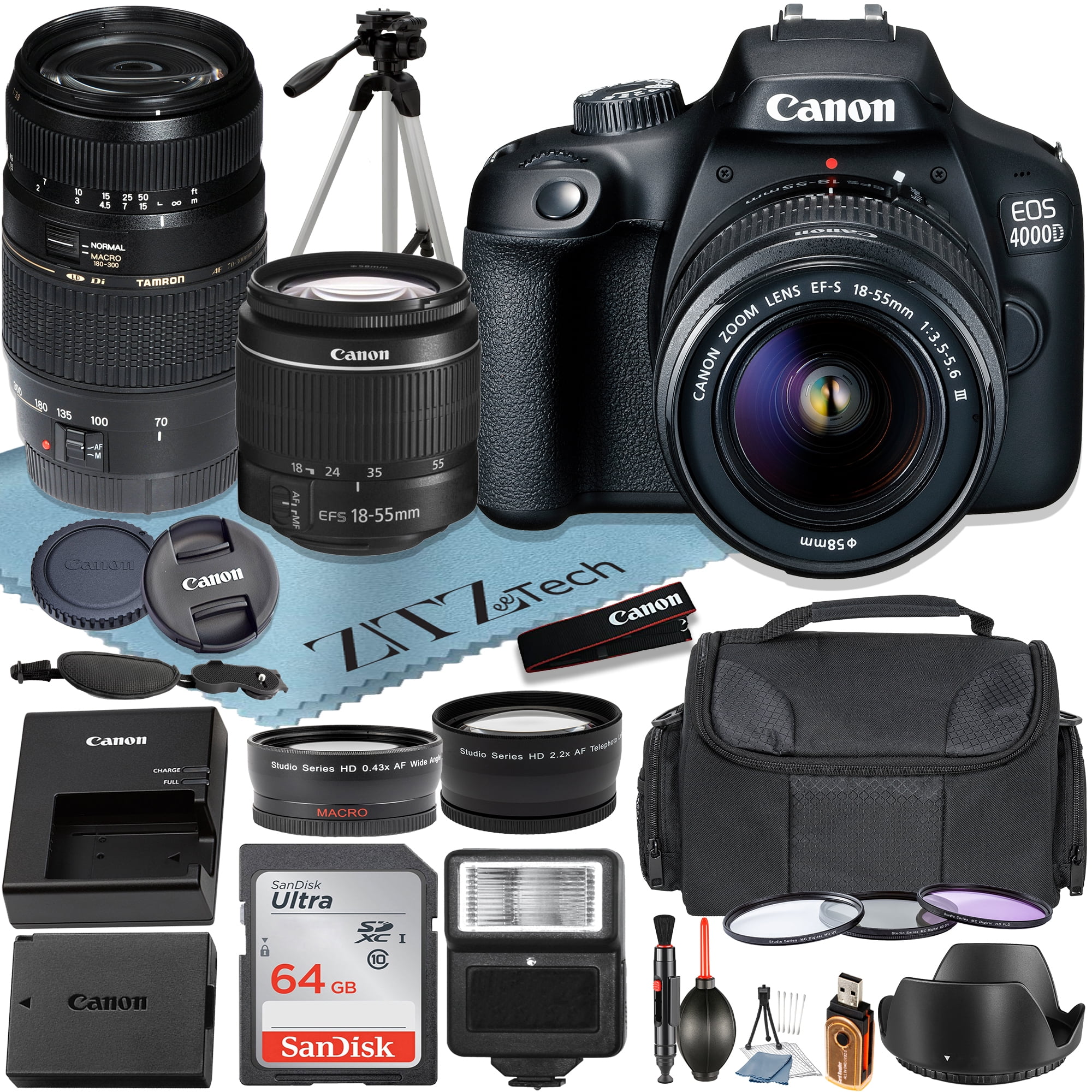 Canon EOS 4000D / Rebel T100 Camera + Canon 18-55mm + 70-300mm +64GB Memory  Cards +ZeeTech Accessory Bundle