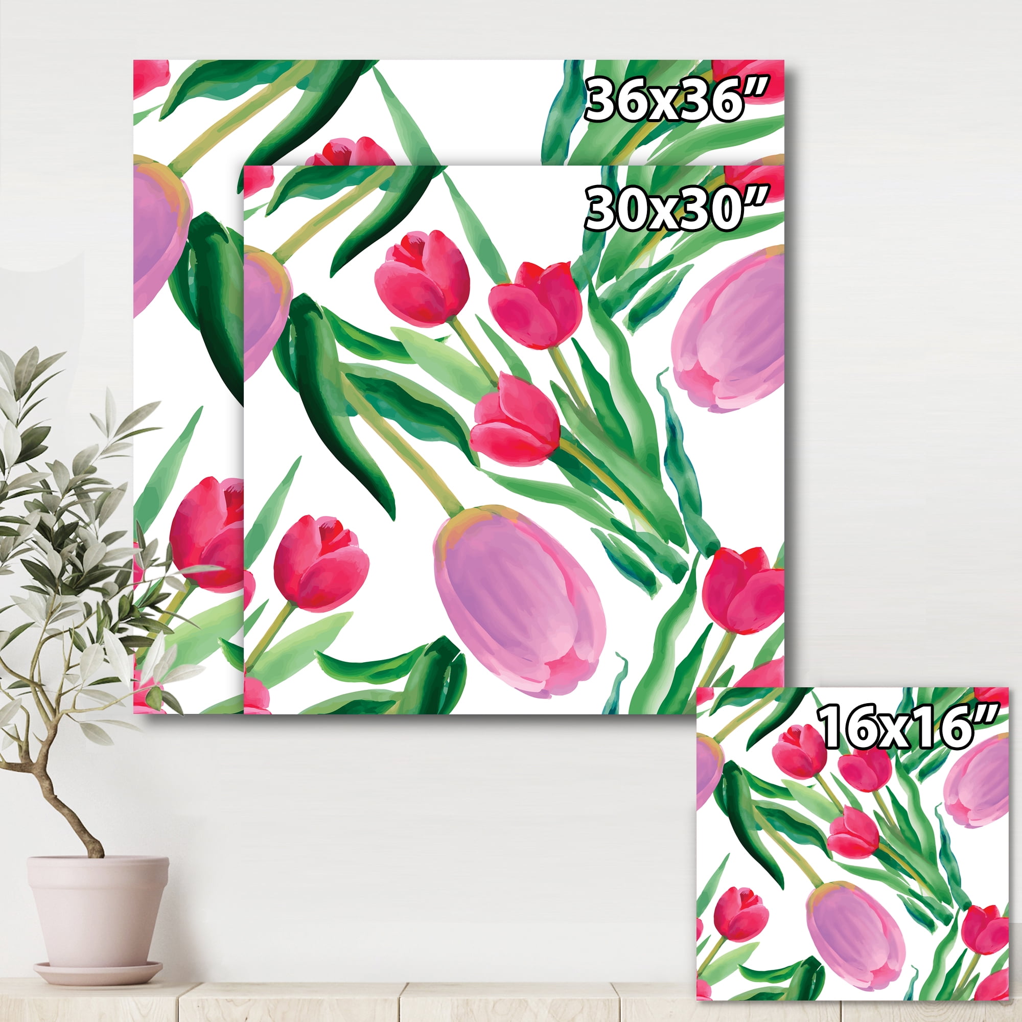 Designart ' Blooming Beautiful Pink Tulips Flowers On White ' Traditional Canvas Wall Art Print