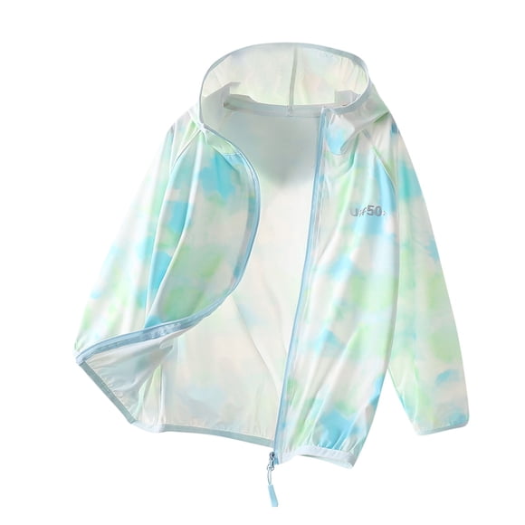 Kids UPF 50+ Light Jacket Cooling Sun Protection Hoodie Quick Drying Zipper Colorful Mottling Breathable Summer Shirts UV for Outdoor Hiking Light Blue