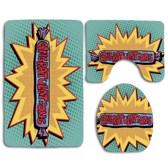 EREHome Graduation Félicitations pour Bonbons Pop Art Style Rétro Bande Dessinée 3 Pièces Tapis de Salle de Bain Ensemble Tapis de Bain Contour Tapis et Couvercle de Toilette