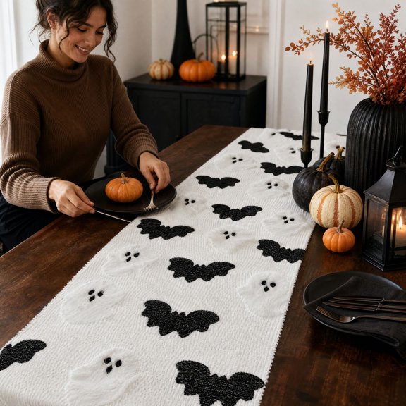 Halloween Table Runner 72 x 13 Inch, White Ghost and Bat Table Runner | Spooky Dining Table Decor for Halloween Party, Kitchen, Halloween Decorations